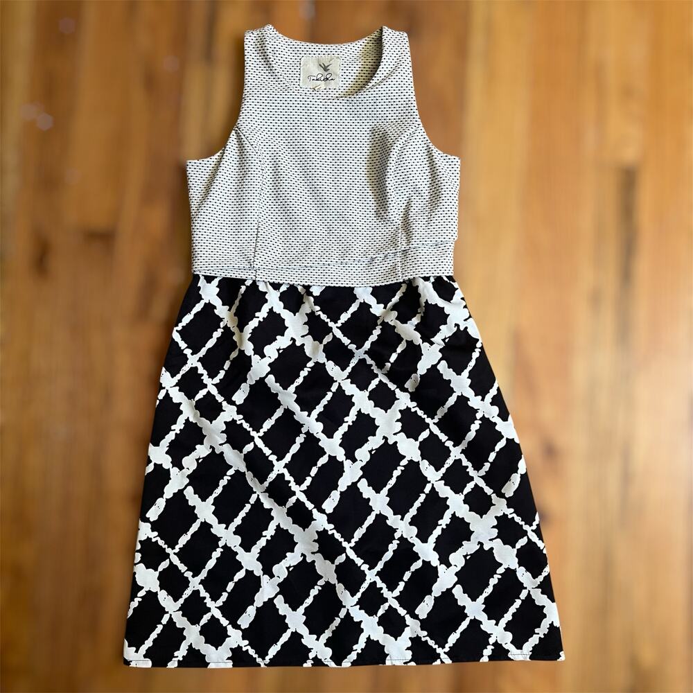 Tabitha A-Line Dress 6 Womens Black White Dotted High Waist Tiered Geo Versatile